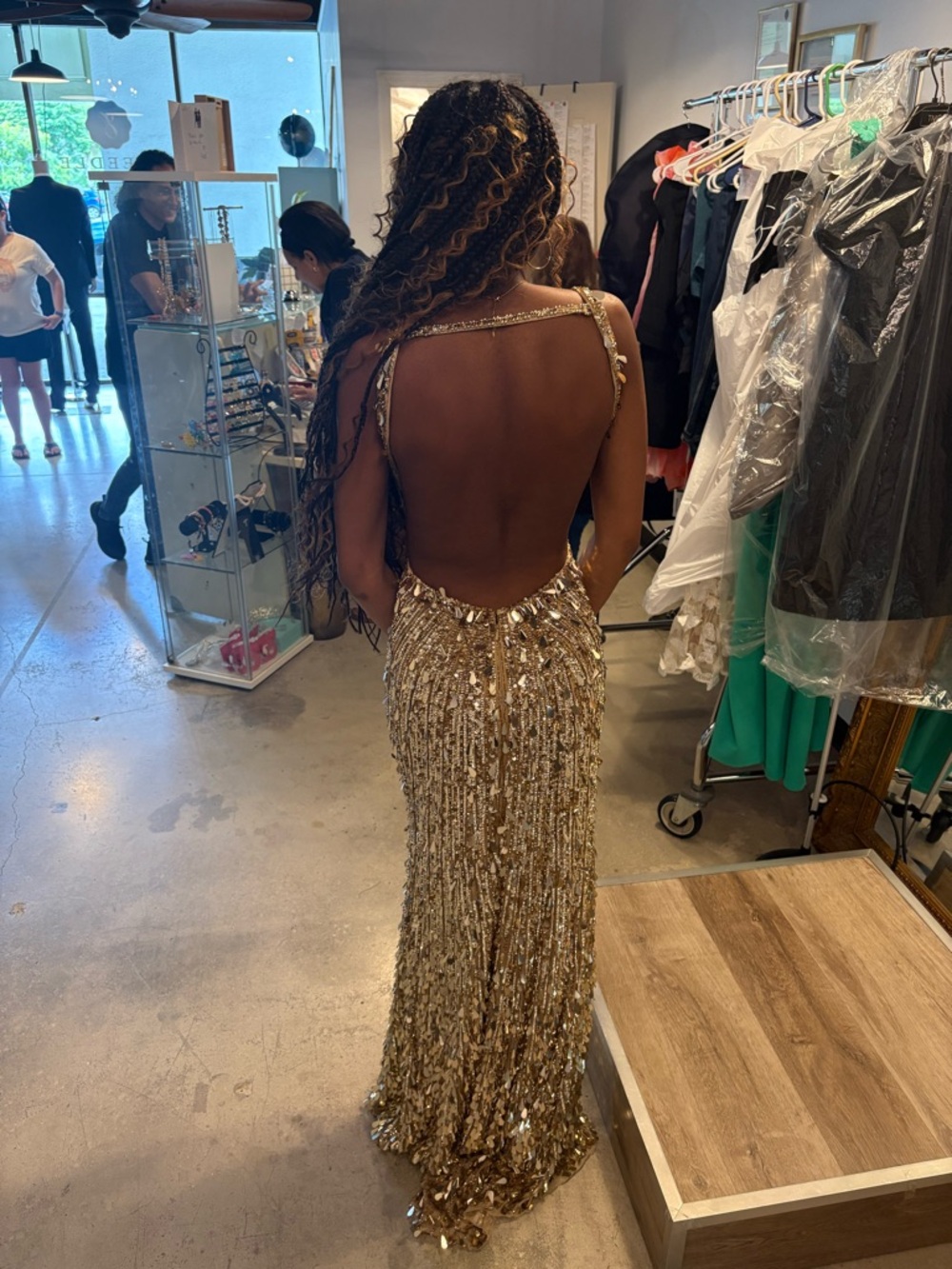 Sherri Hill 54912 Gold Sequin Floor Length Dress with High Front Slit - Picture 3 of 8